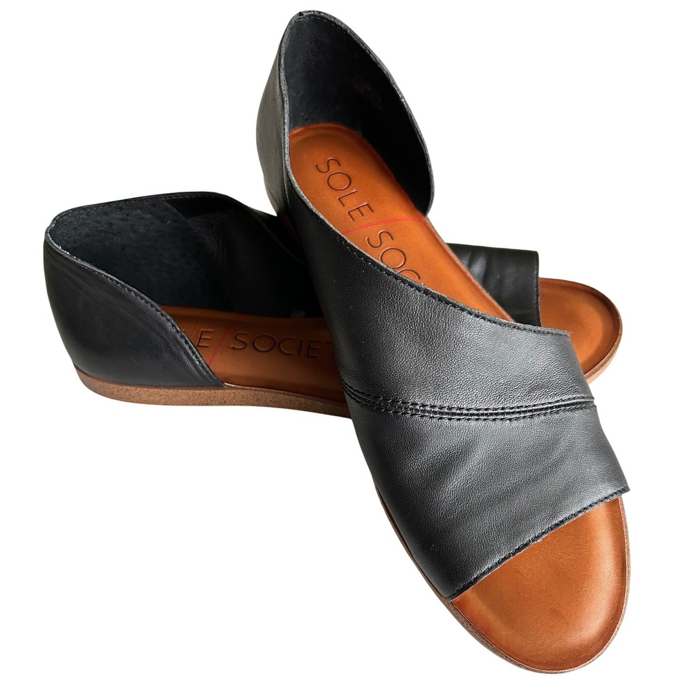 Sole Society Womens Black Leather Flat Sandal Asymmetrical Open Toe D'Orsay 7.5